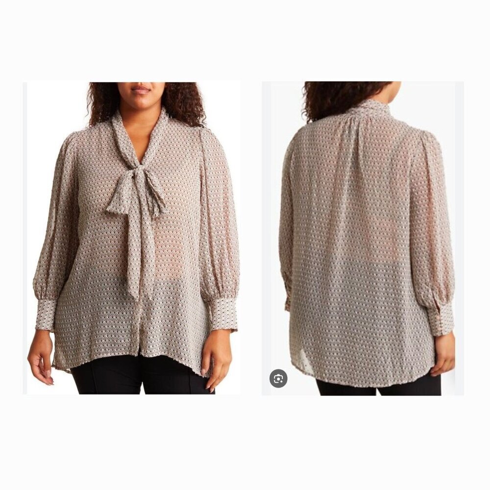 Adrianna Papell Womens 1X Blouse Tie-Neck Long Sleeves Office Career Sheer